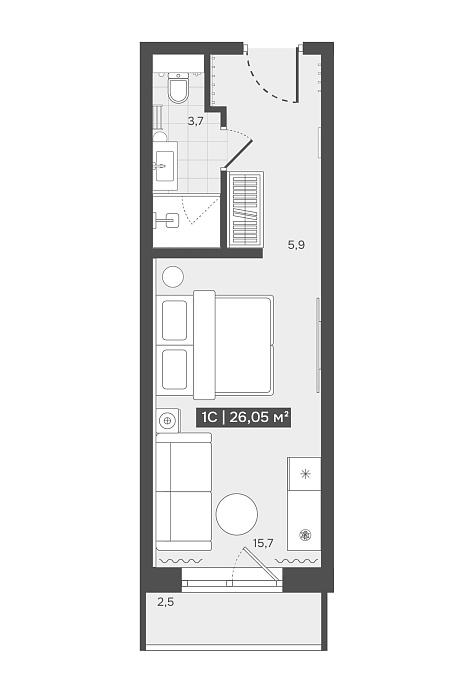 Реальная планировка из фида: номер А701, 26,05 м², 7 этаж
